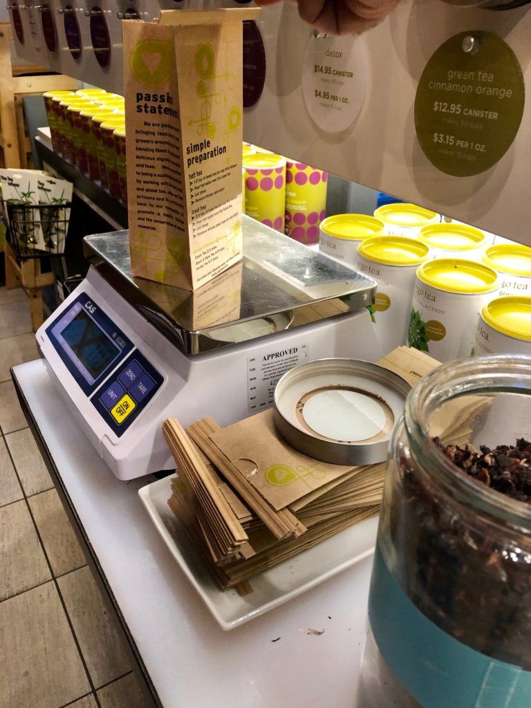 Loose tea, bags and scale at an Argo Tea Shop