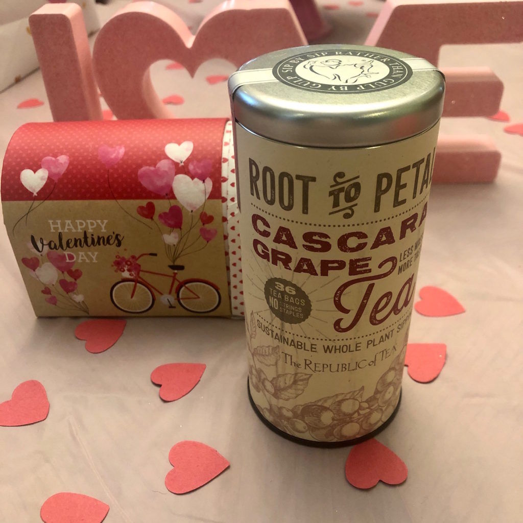 Republic of Tea Root to Petal Cascara Grape Tea tin with a valentine mailbox,Love and hearts decoration