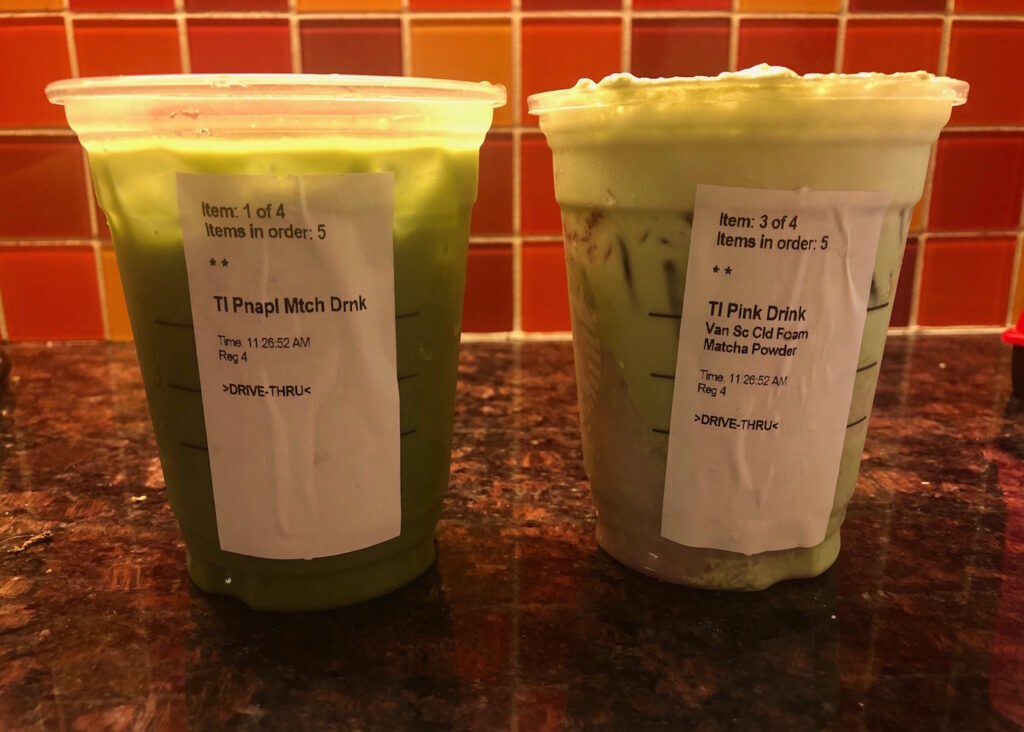 Starbucks Iced Pineapple Matcha and Iced Pink Drink with Matcha and Vanilla Foam