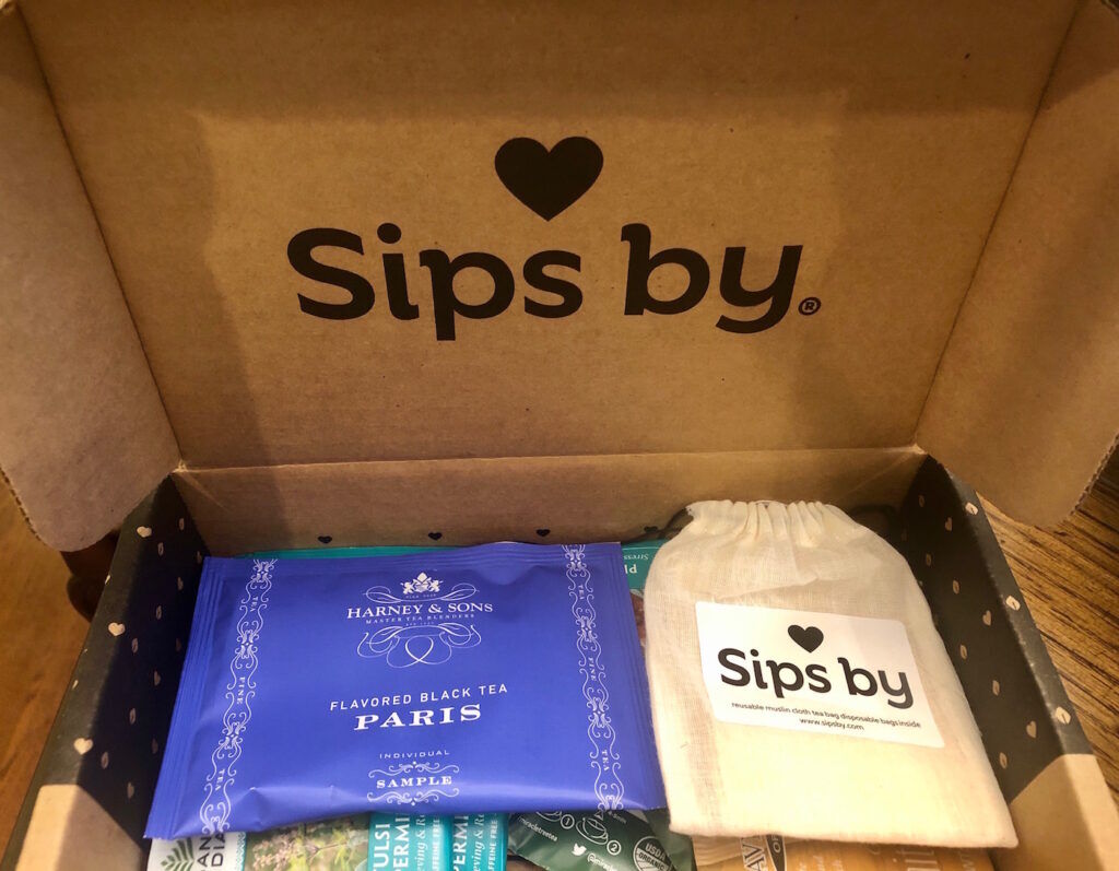 Sips by tea subscription selection of teas with Harney Tea Paris on top and reusable muslin cloth tea bag